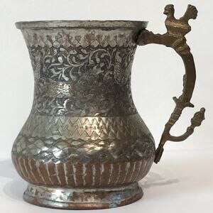 Vintage Engraved Wolf Tinned Copper Metal Pitcher Goblet Stein Mug Goblet Vase